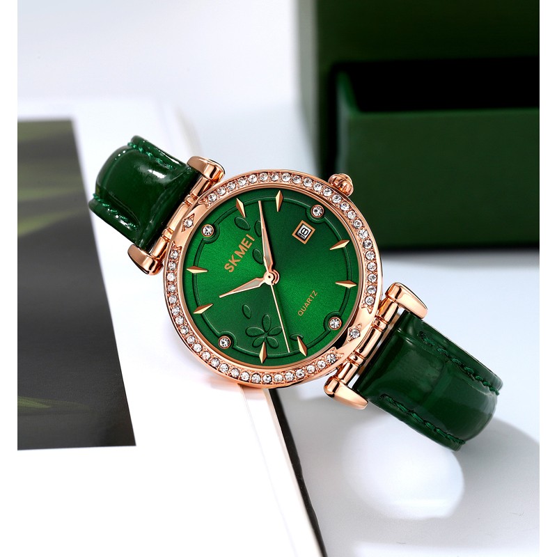 Жіночий годинник Skmei 2169RGGN Rose Gold-Green з мінеральним склом та шкіряним ремінцем