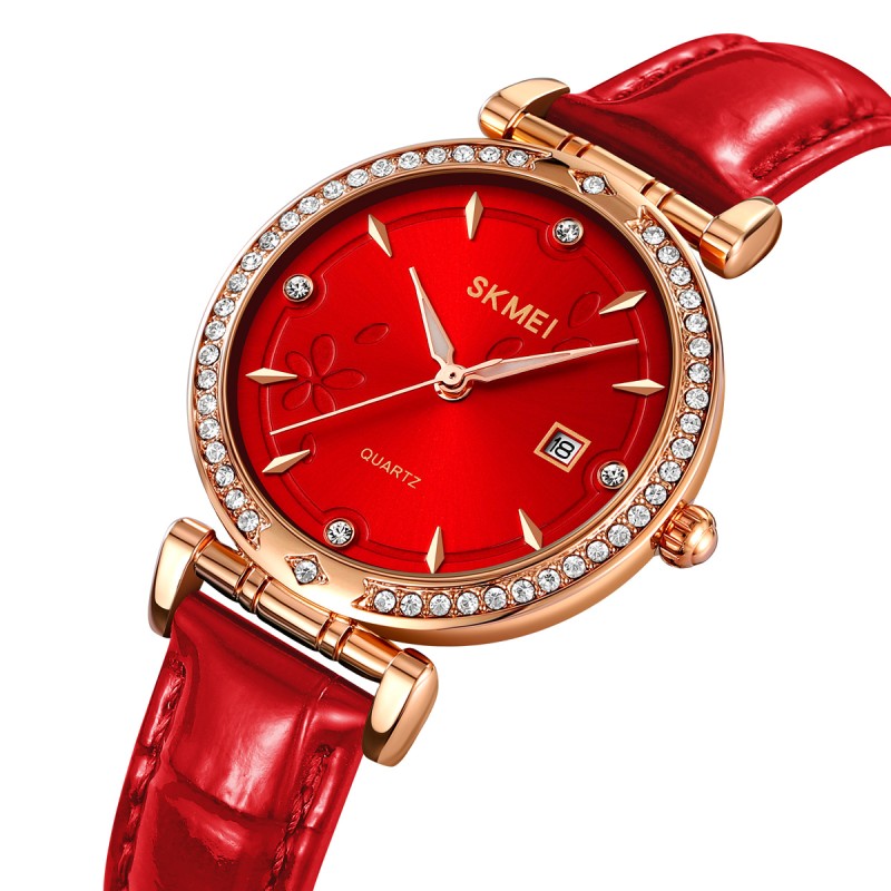 Жіночий годинник Skmei 2169RGRD Rose Gold-Red з червоним шкіряним ремінцем та люмінесценцією