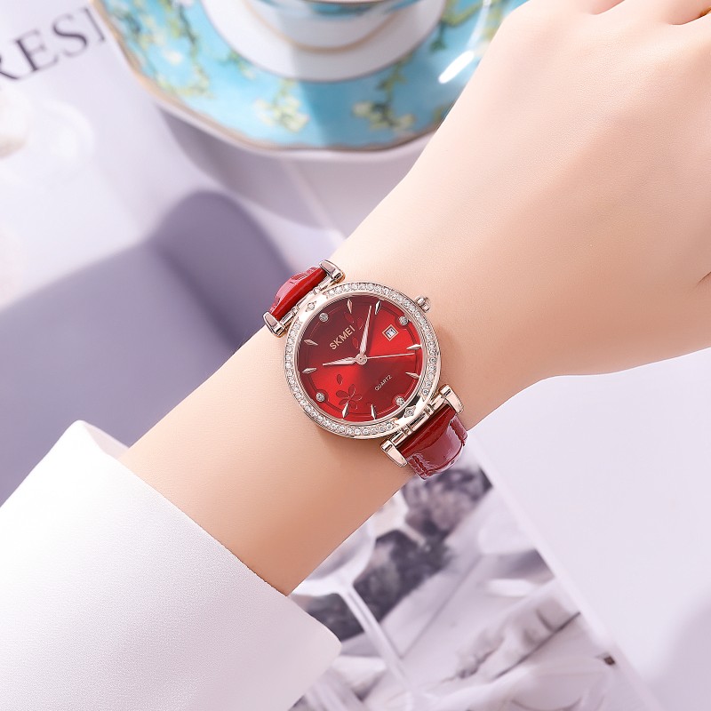 Жіночий годинник Skmei 2169RGRD Rose Gold-Red з червоним шкіряним ремінцем та люмінесценцією