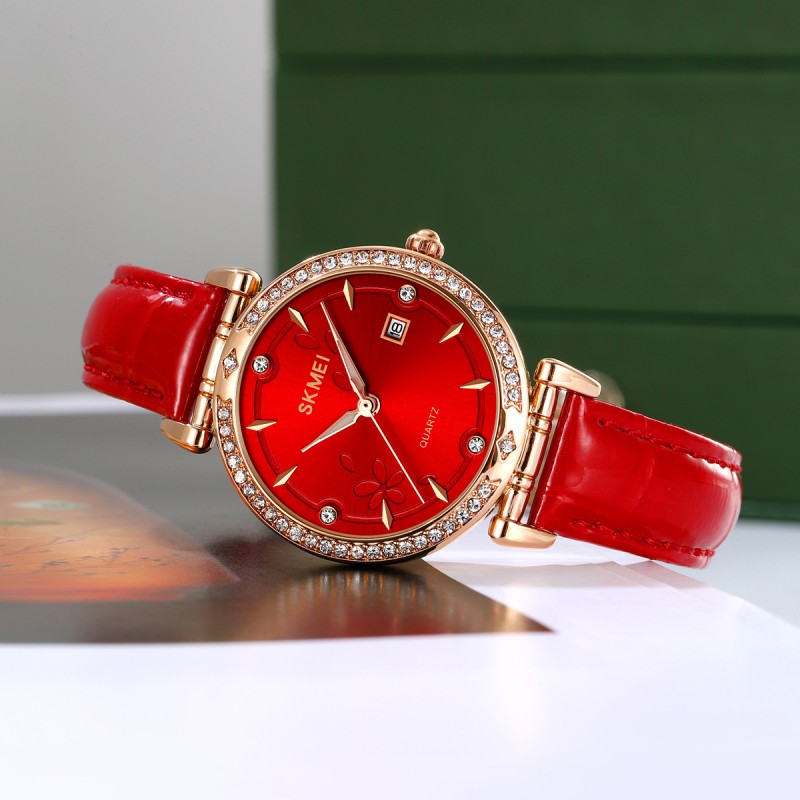 Жіночий годинник Skmei 2169RGRD Rose Gold-Red з червоним шкіряним ремінцем та люмінесценцією