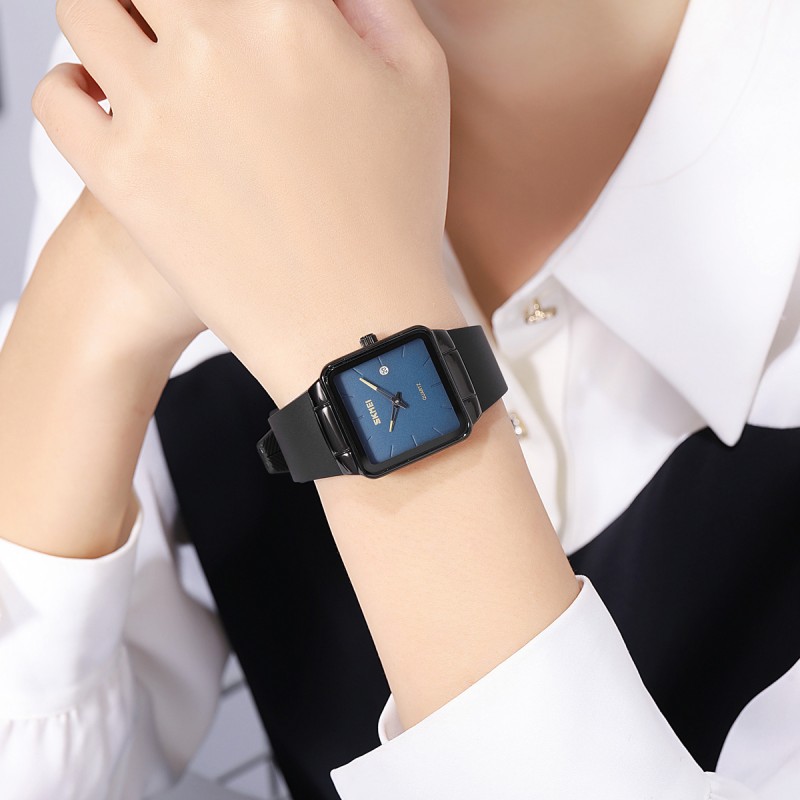Жіночий годинник Skmei 2173BKBU Black-Blue з мінеральним склом та прямокутним корпусом