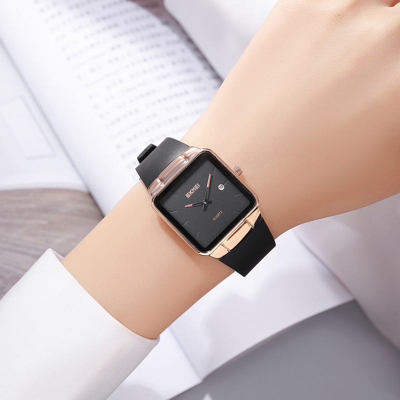 Жіночий годинник Skmei 2173RGBK Rose Gold-Black з прямокутним корпусом та шкіряним ремінцем