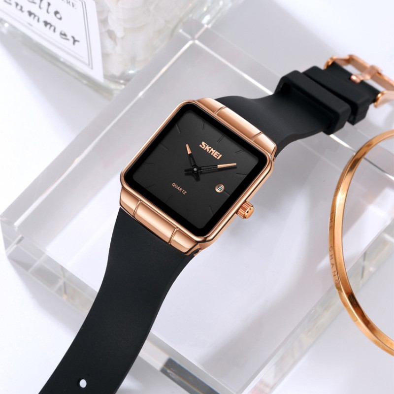 Жіночий годинник Skmei 2173RGBK Rose Gold-Black з прямокутним корпусом та шкіряним ремінцем