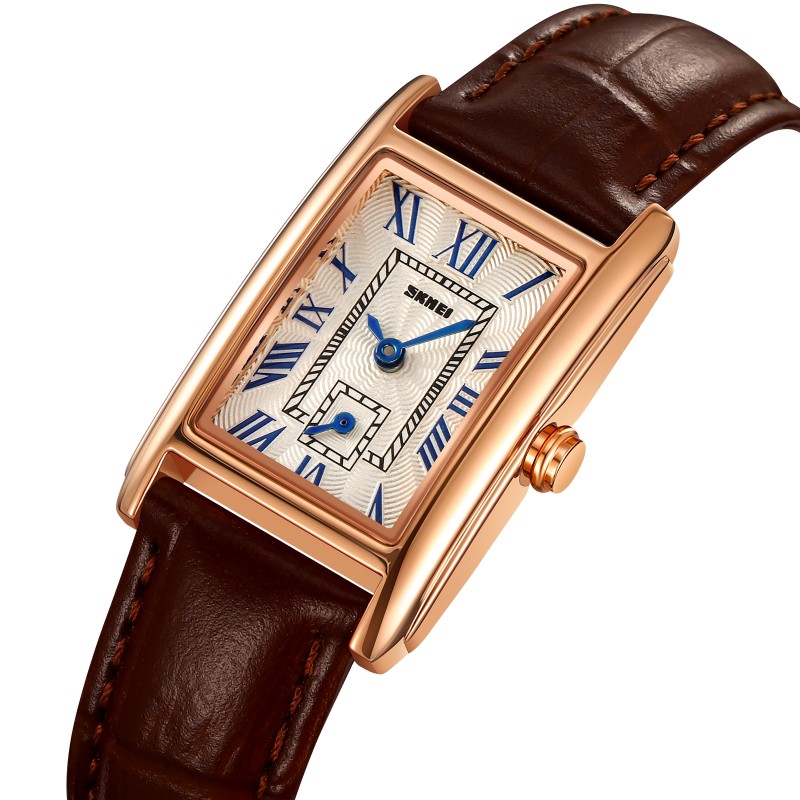 Жіночий годинник Skmei 2297RGBN Rose Gold-Brown у прямокутному корпусі на шкіряному ремінці