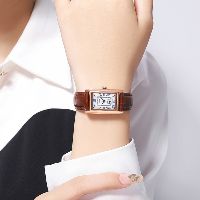 Жіночий годинник Skmei 2297RGBN Rose Gold-Brown у прямокутному корпусі на шкіряному ремінці