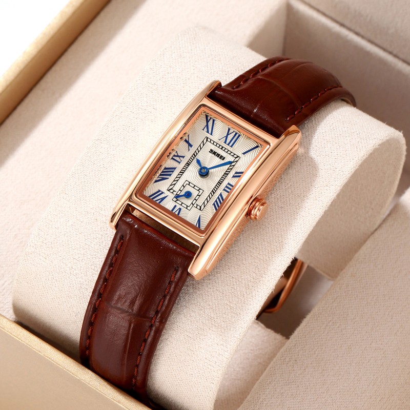 Жіночий годинник Skmei 2297RGBN Rose Gold-Brown у прямокутному корпусі на шкіряному ремінці