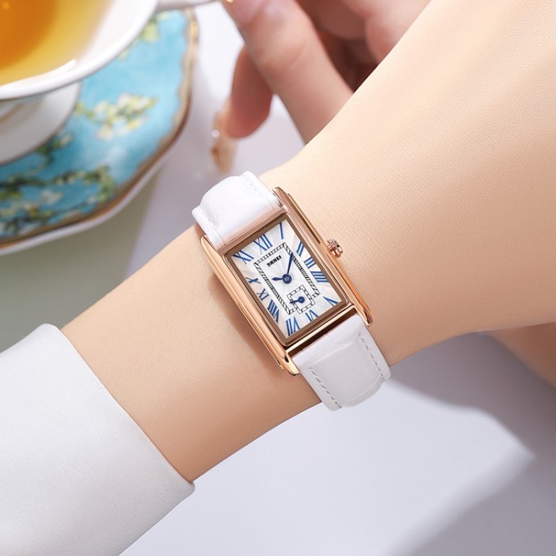 Женские часы Skmei 2297RGWT Rose Gold-White с белым кожаным ремешком и кварцевым механизмом