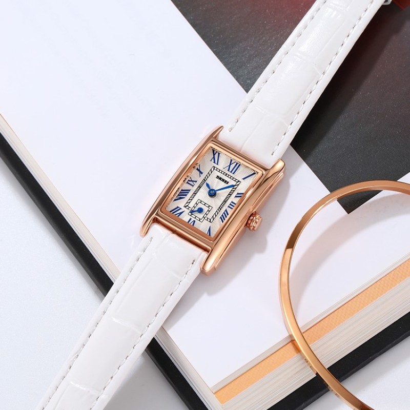 Женские часы Skmei 2297RGWT Rose Gold-White с белым кожаным ремешком и кварцевым механизмом