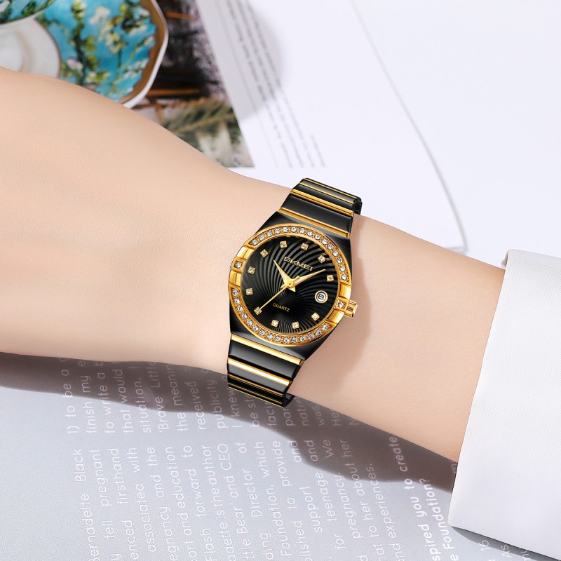 Жіночий годинник Skmei 2342BKGD Black-Gold у класичному стилі з металевим браслетом