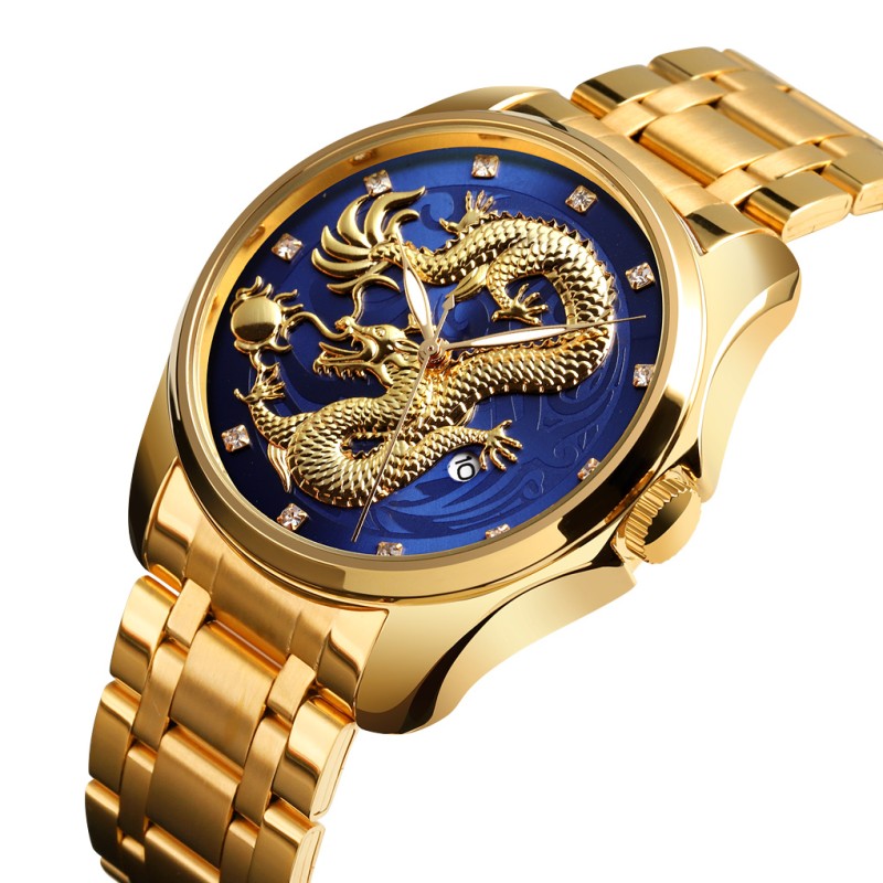 Мужские часы Skmei 9193GDBU Gold-Blue с золотистым браслетом и синим циферблатом