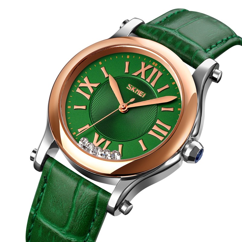Жіночий класичний годинник Skmei 9265GN Green зі шкіряним ремінцем та мінеральним склом
