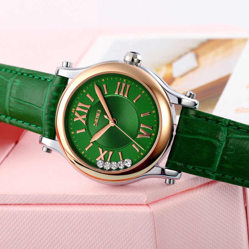 Жіночий класичний годинник Skmei 9265GN Green зі шкіряним ремінцем та мінеральним склом
