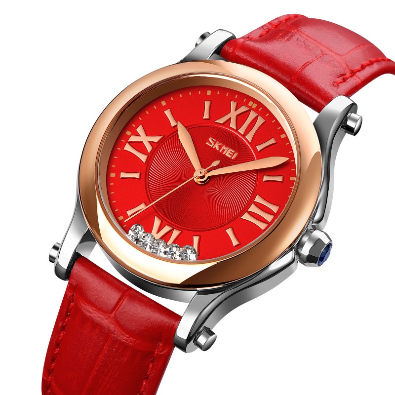 Жіночий класичний годинник Skmei 9265RD Red з мінеральним склом та шкіряним ремінцем