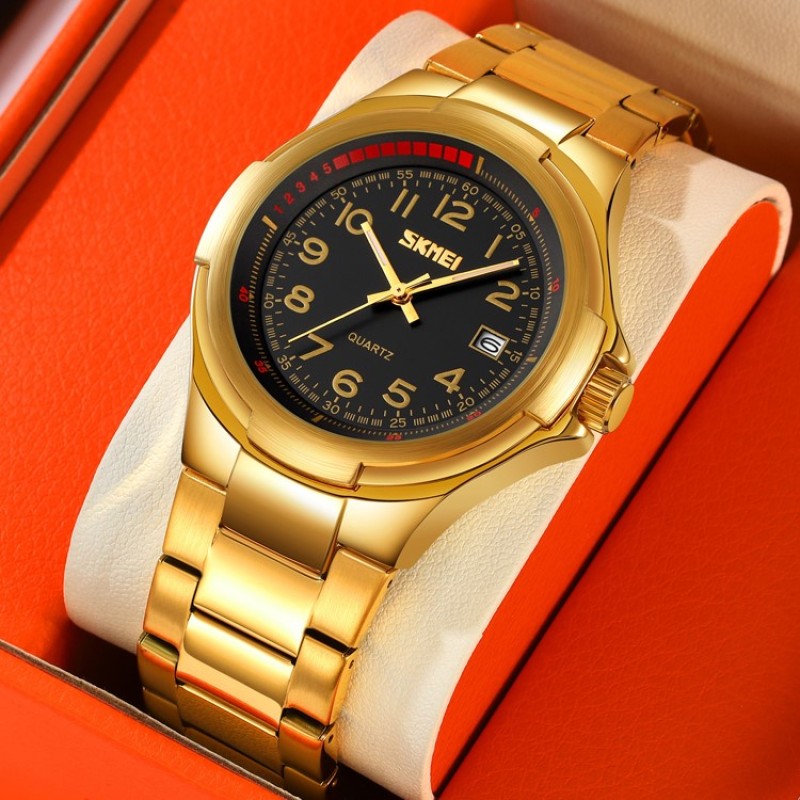 Мужские часы Skmei 9320GDBK Gold-Black классические золотистые с черным циферблатом