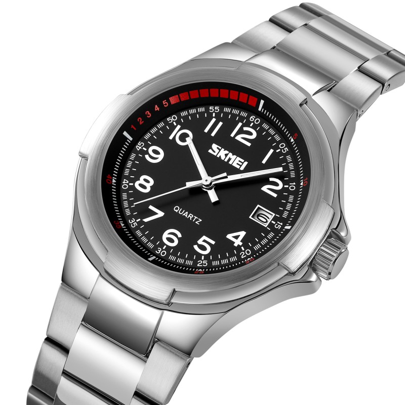 Чоловічий класичний годинник Skmei 9320SIBK Silver-Black зі сріблястим браслетом та чорним циферблатом