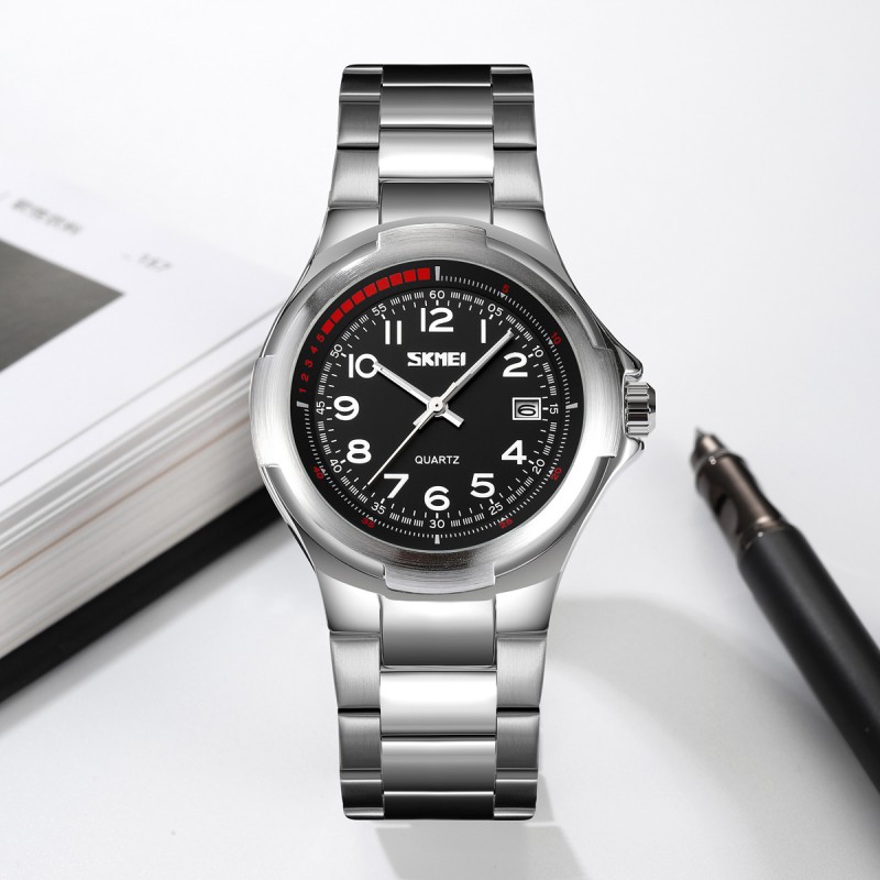 Чоловічий класичний годинник Skmei 9320SIBK Silver-Black зі сріблястим браслетом та чорним циферблатом