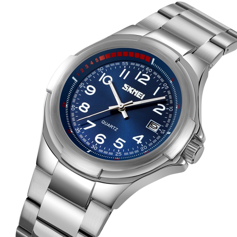 Мужские классические часы Skmei 9320SIBU Silver-Blue с синим циферблатом и металлическим браслетом