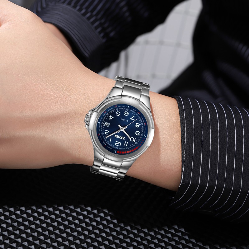 Мужские классические часы Skmei 9320SIBU Silver-Blue с синим циферблатом и металлическим браслетом