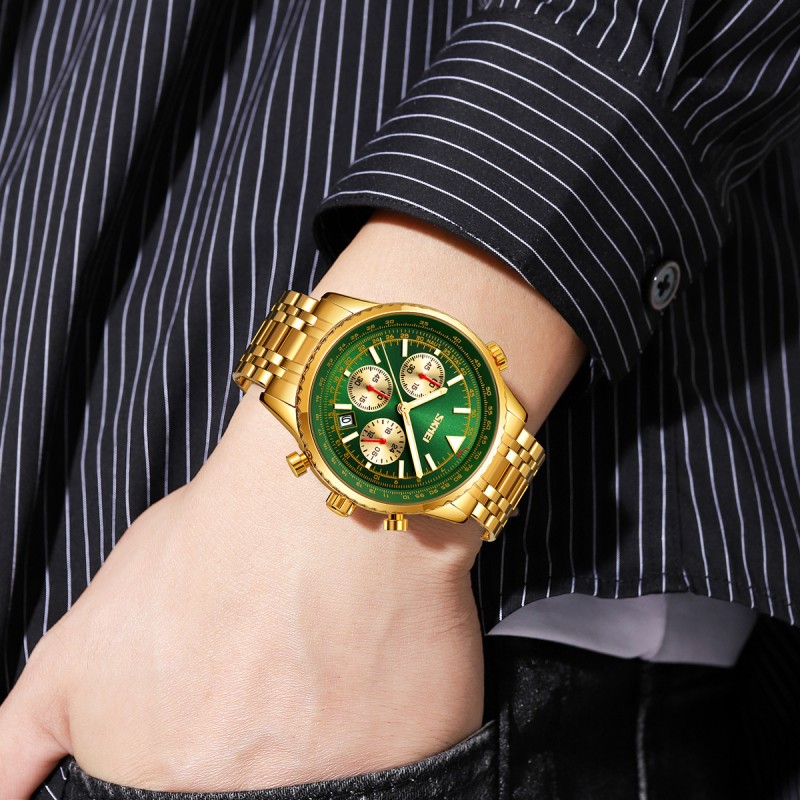 Чоловічий годинник Skmei 9333GDGN Gold-Green з хронографом та металевим браслетом