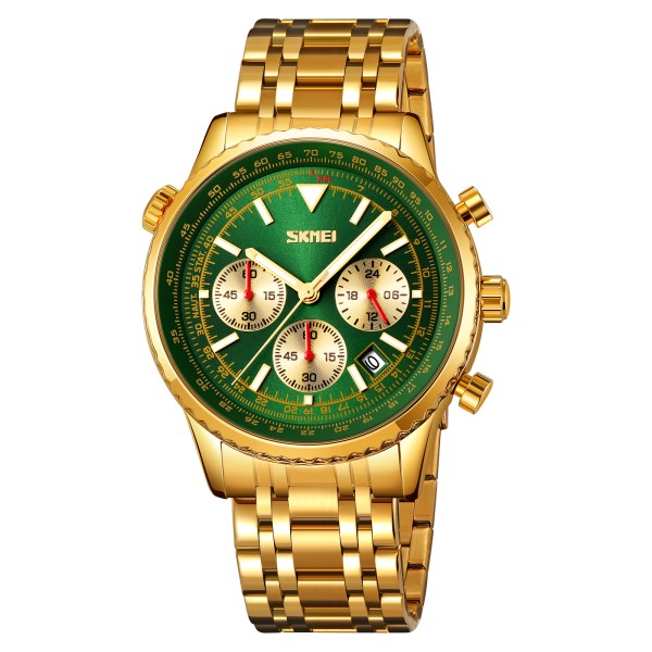 Чоловічий годинник Skmei 9333GDGN Gold-Green з хронографом та металевим браслетом