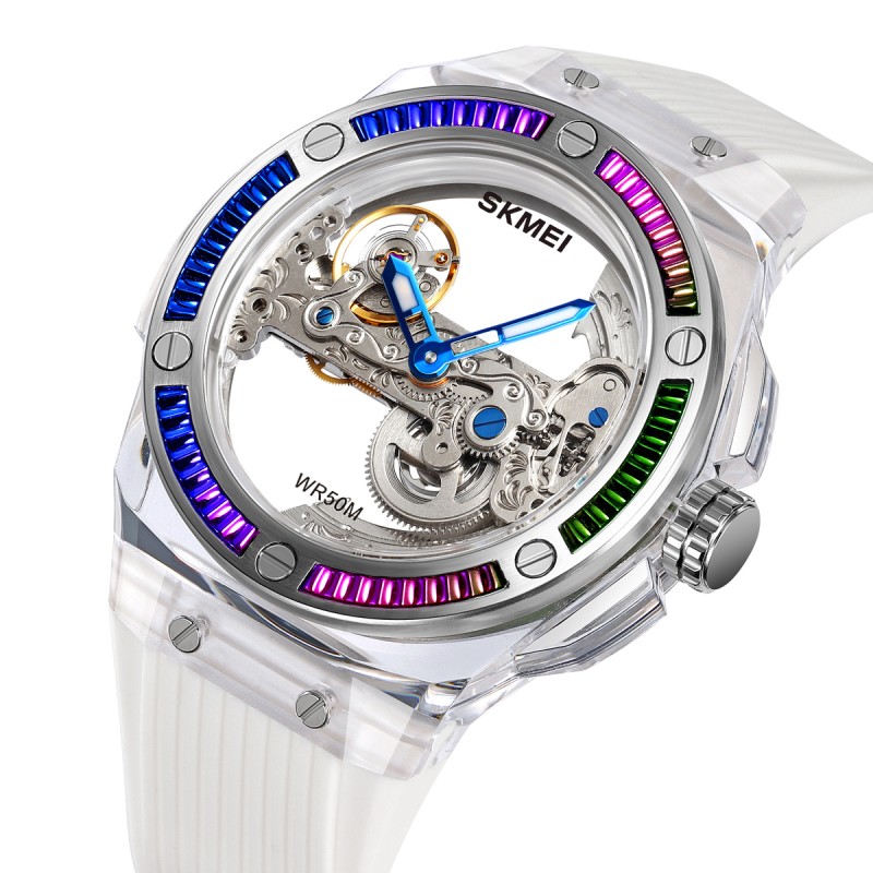 Мужские механические часы Skmei M032WT White с автоподзаводом и прозрачным циферблатом