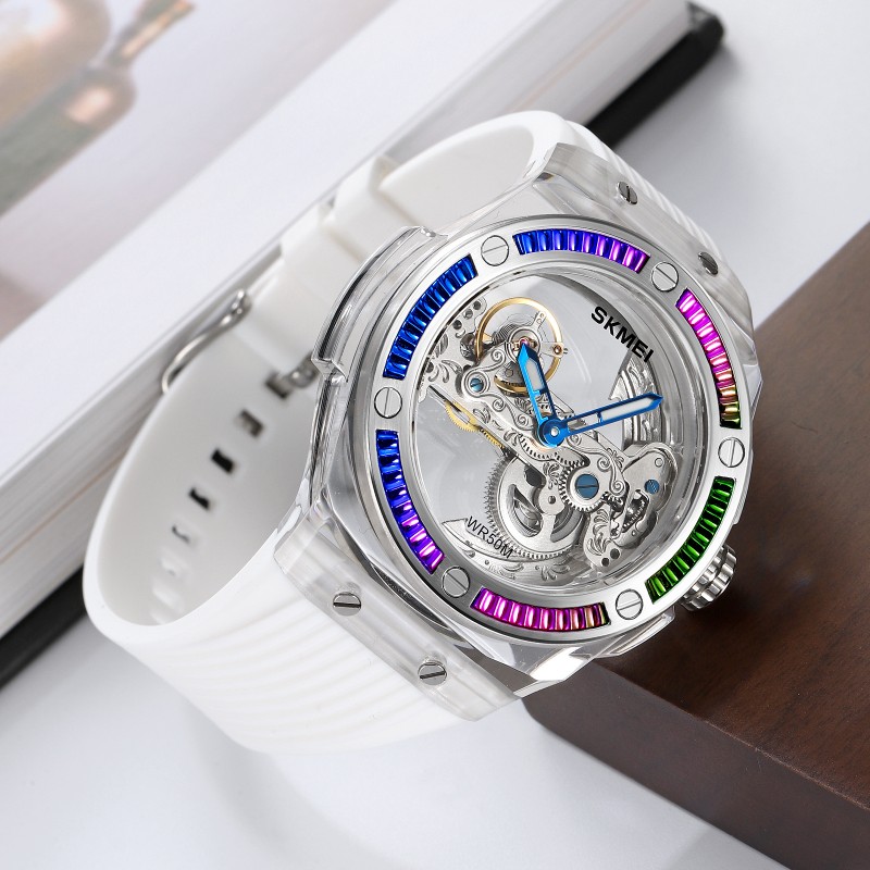 Мужские механические часы Skmei M032WT White с автоподзаводом и прозрачным циферблатом
