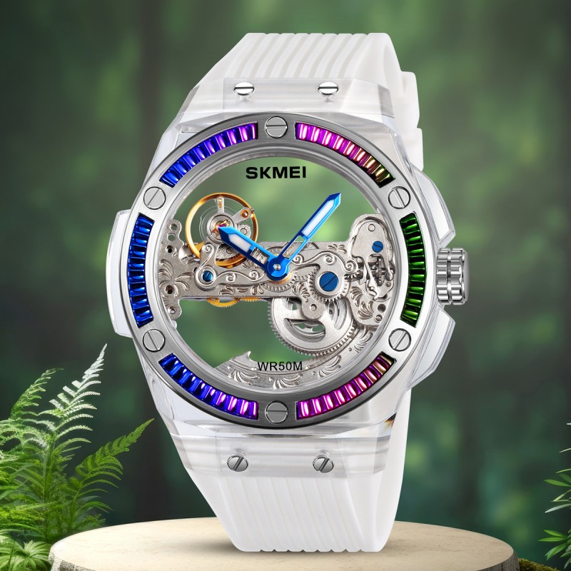 Мужские механические часы Skmei M032WT White с автоподзаводом и прозрачным циферблатом