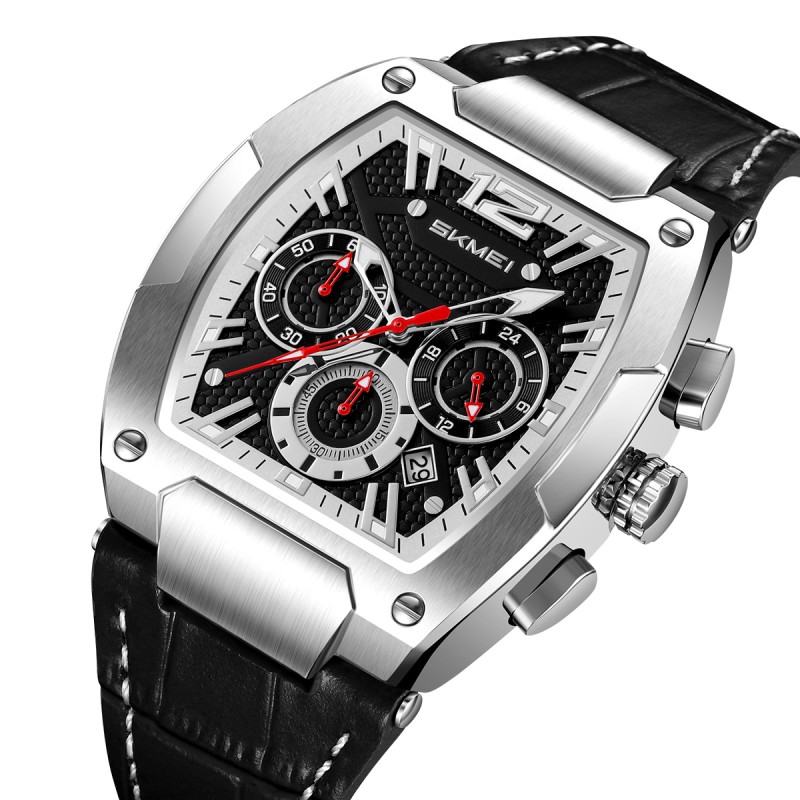 Чоловічий годинник Skmei 9357SIBK Silver-Black зі сріблястим корпусом, хронографом та шкіряним ремінцем