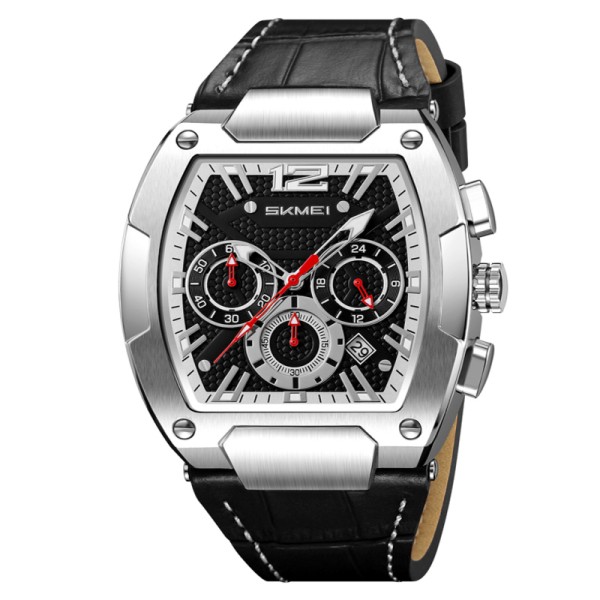 Чоловічий годинник Skmei 9357SIBK Silver-Black зі сріблястим корпусом, хронографом та шкіряним ремінцем