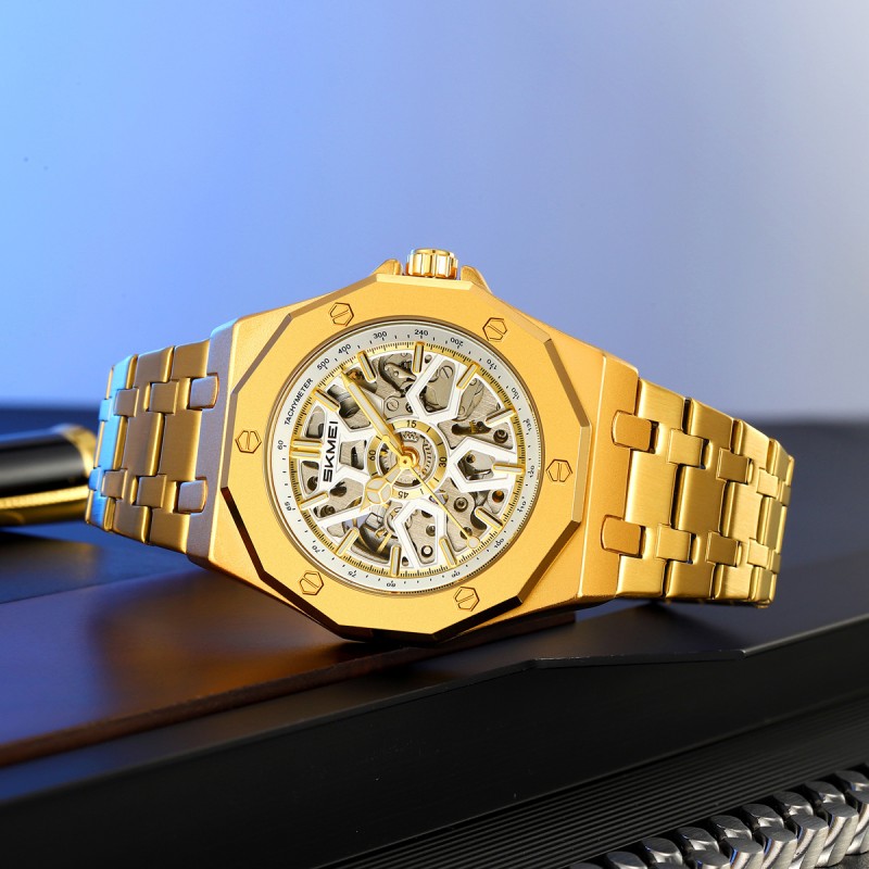 Мужские механические часы Skmei M036SGD Gold Steel с автоподзаводом и золотистым браслетом