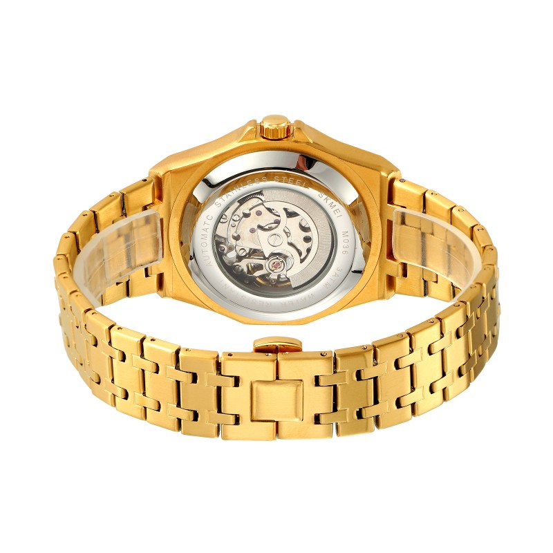 Мужские механические часы Skmei M036SGD Gold Steel с автоподзаводом и золотистым браслетом