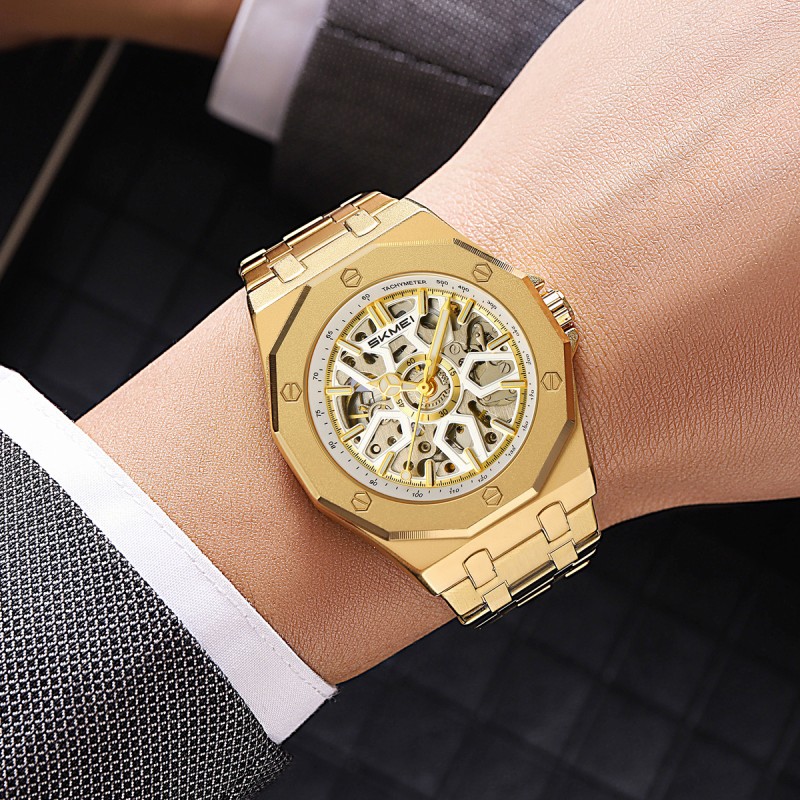 Мужские механические часы Skmei M036SGD Gold Steel с автоподзаводом и золотистым браслетом