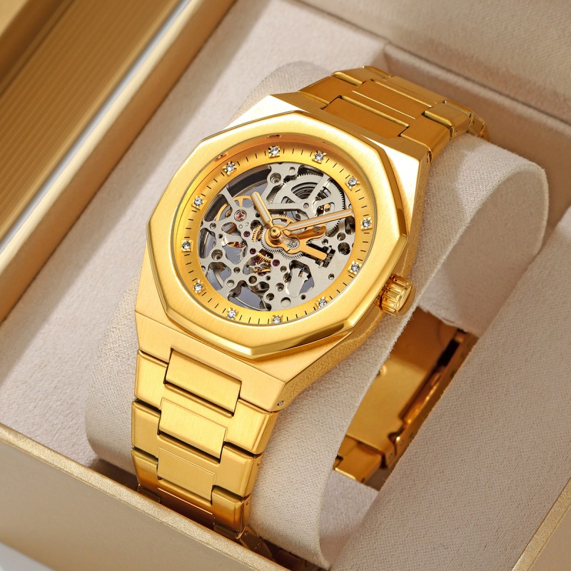 Чоловічий механічний годинник Skmei M034SGD Gold Steel з автопідзаводом та золотистим браслетом