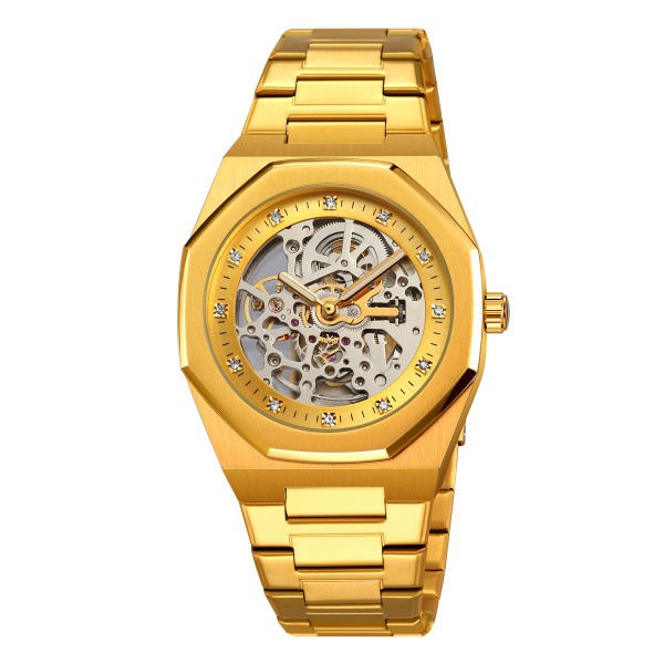 Чоловічий механічний годинник Skmei M034SGD Gold Steel з автопідзаводом та золотистим браслетом