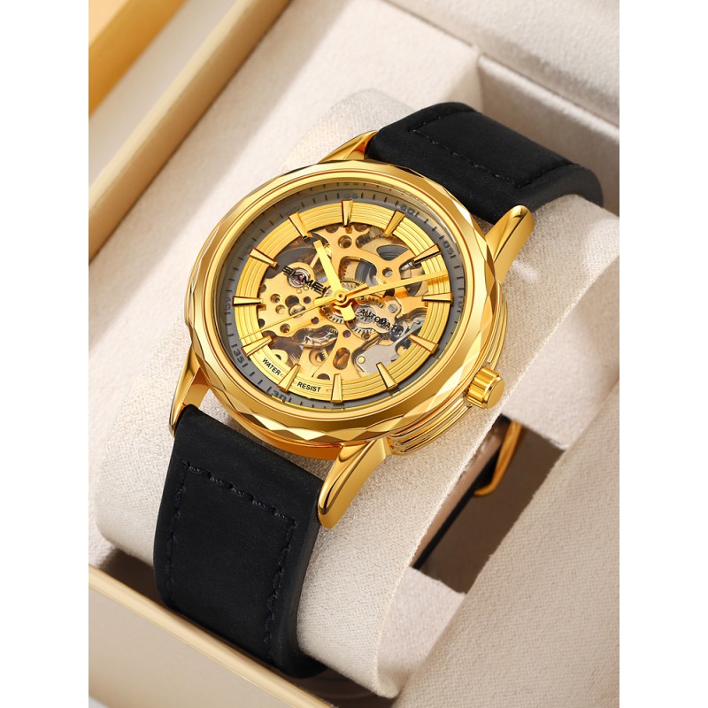 Чоловічий механічний годинник Skmei M035LGDBK Gold-Black Leather з автопідзаводом та шкіряним ремінцем