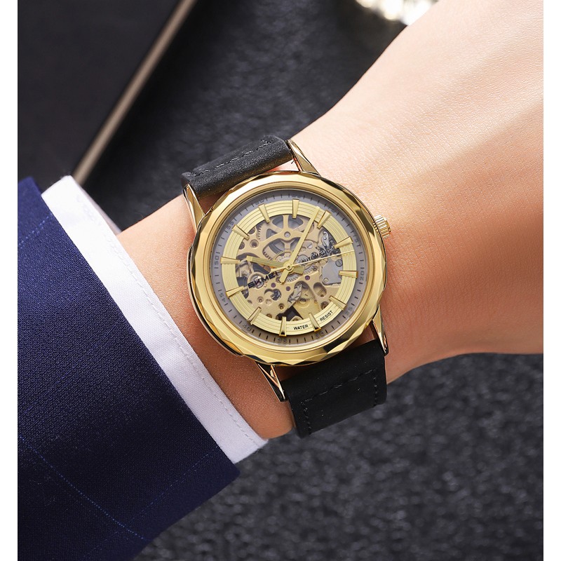 Чоловічий механічний годинник Skmei M035LGDBK Gold-Black Leather з автопідзаводом та шкіряним ремінцем