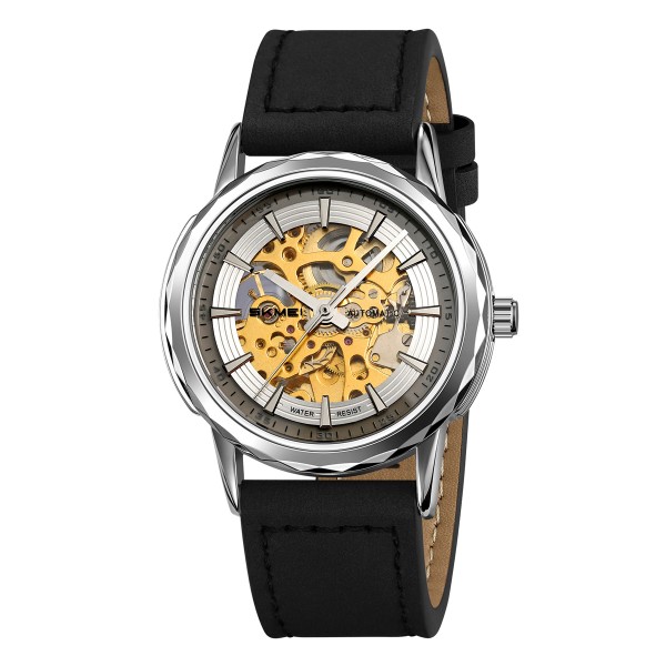Чоловічий механічний годинник Skmei M035LSIBK Silver-Black Leather з автопідзаводом та шкіряним ремінцем