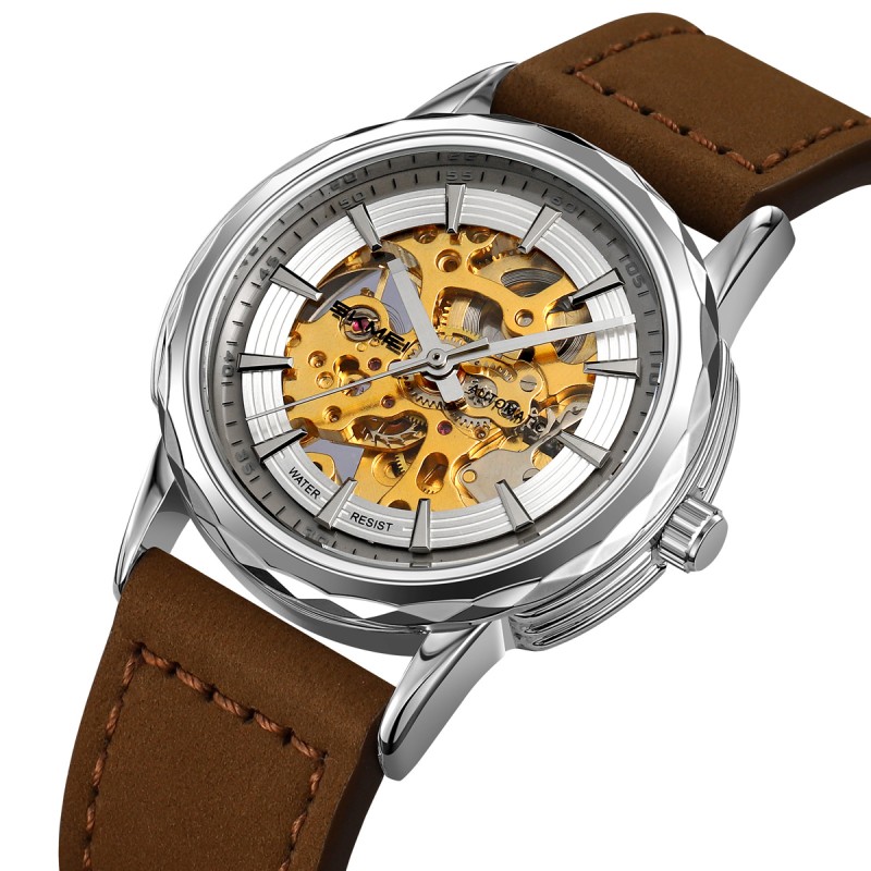 Чоловічий механічний годинник Skmei M035LSIDKBN Silver-Dark Brown Leather з автопідзаводом