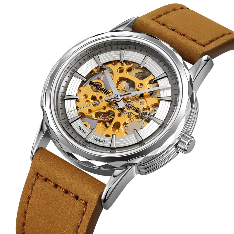 Чоловічий механічний годинник Skmei M035LSILTBN Silver-Light Brown Leather з автопідзаводом та шкіряним ремінцем