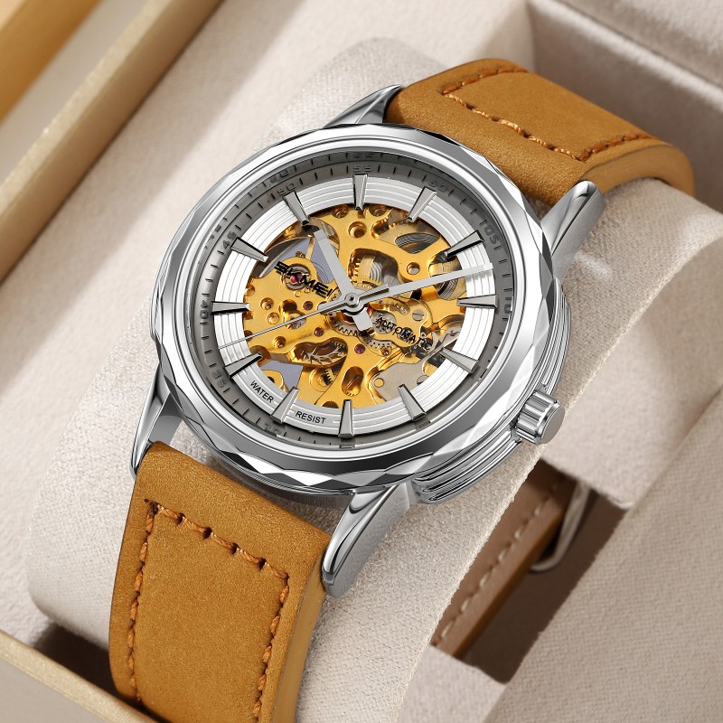 Чоловічий механічний годинник Skmei M035LSILTBN Silver-Light Brown Leather з автопідзаводом та шкіряним ремінцем