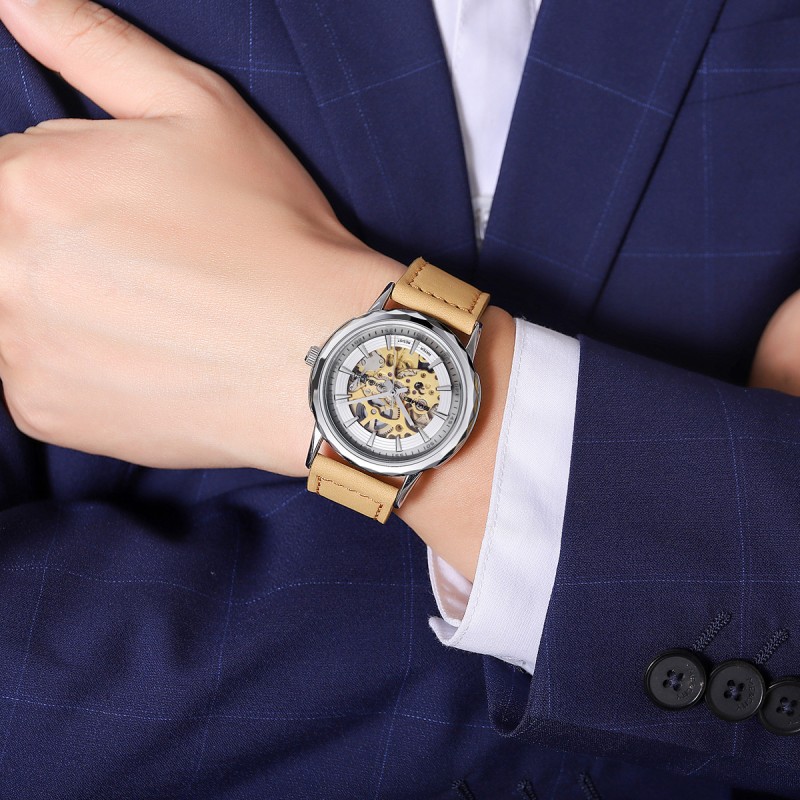 Чоловічий механічний годинник Skmei M035LSILTBN Silver-Light Brown Leather з автопідзаводом та шкіряним ремінцем