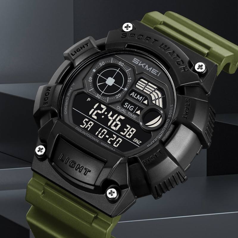Мужские спортивные часы Skmei 2403AG Army Green тактические с подсветкой и календарем