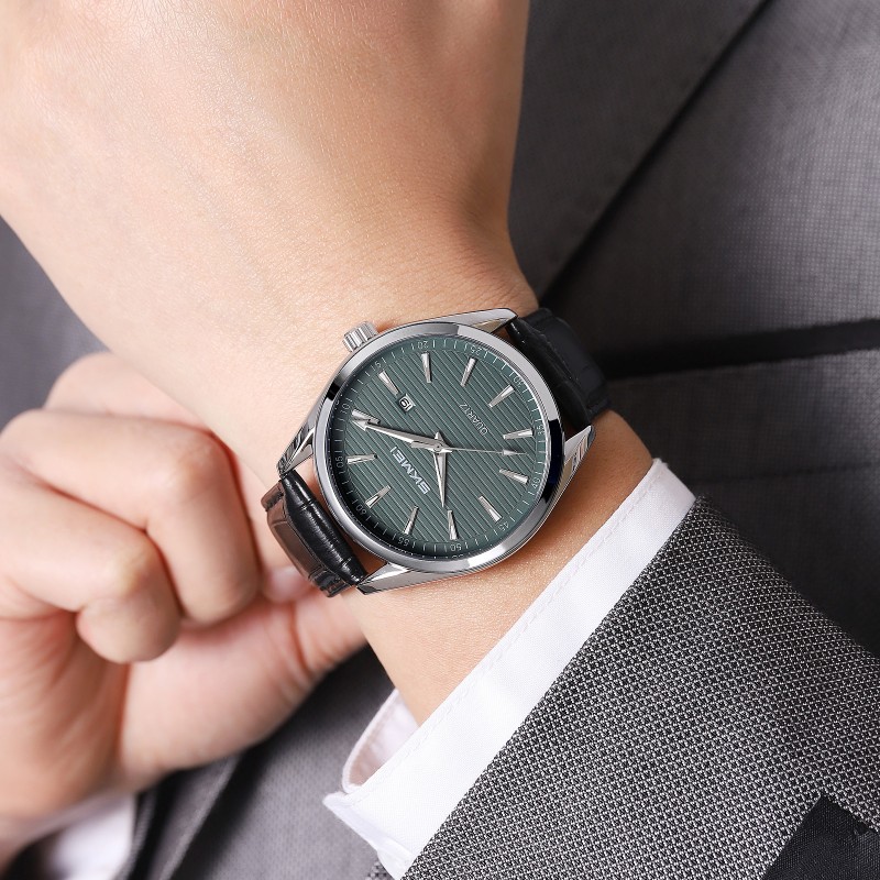 Чоловічий класичний годинник Skmei 2490SIGN Silver-Green зі шкіряним ремінцем та мінеральним склом