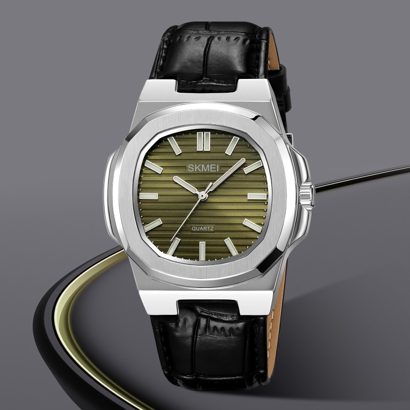 Мужские классические часы Skmei 2512SIGN Silver-Green с кожаным ремешком и минеральным стеклом