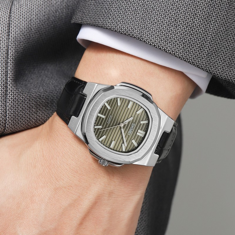 Мужские классические часы Skmei 2512SIGN Silver-Green с кожаным ремешком и минеральным стеклом
