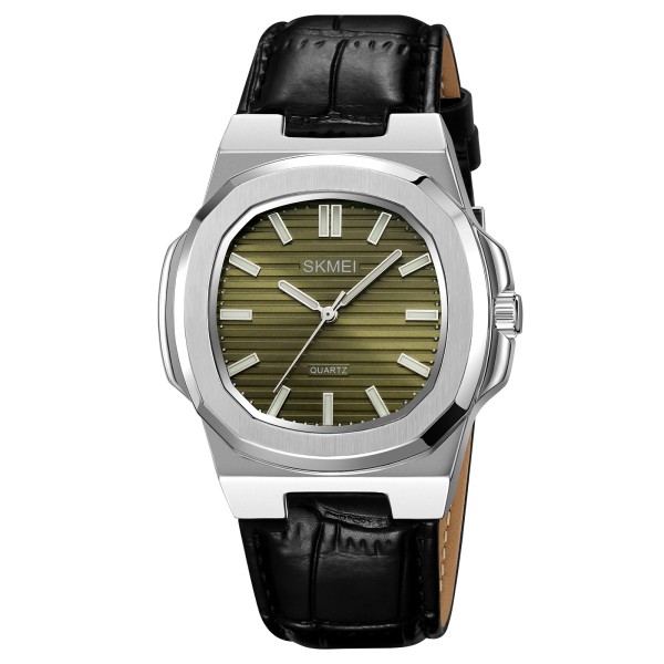 Мужские классические часы Skmei 2512SIGN Silver-Green с кожаным ремешком и минеральным стеклом