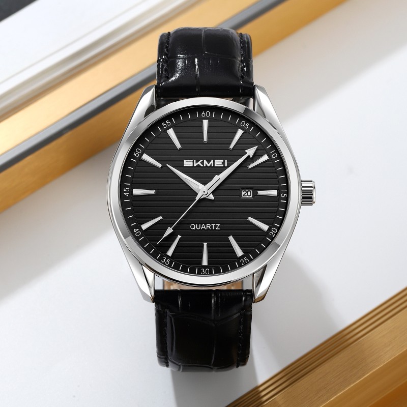 Чоловічий годинник Skmei 2490SIBK Silver-Black з мінеральним склом та шкіряним ремінцем