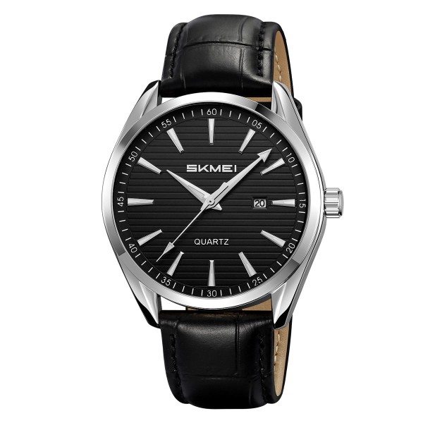 Чоловічий годинник Skmei 2490SIBK Silver-Black з мінеральним склом та шкіряним ремінцем