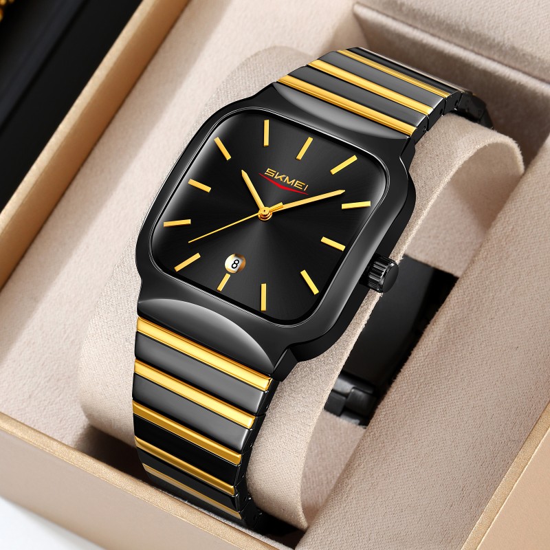 Мужские часы Skmei 9361BKGD Black-Gold с металлическим браслетом и отображением даты