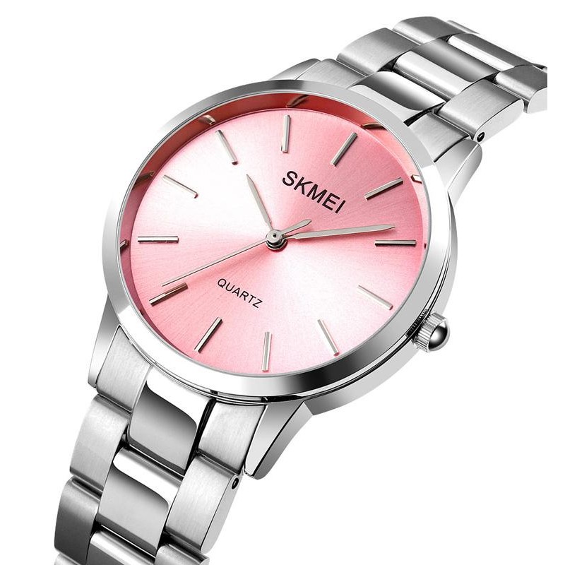 Жіночий годинник Skmei 1694PK Pink зі сріблястим металевим браслетом та рожевим циферблатом